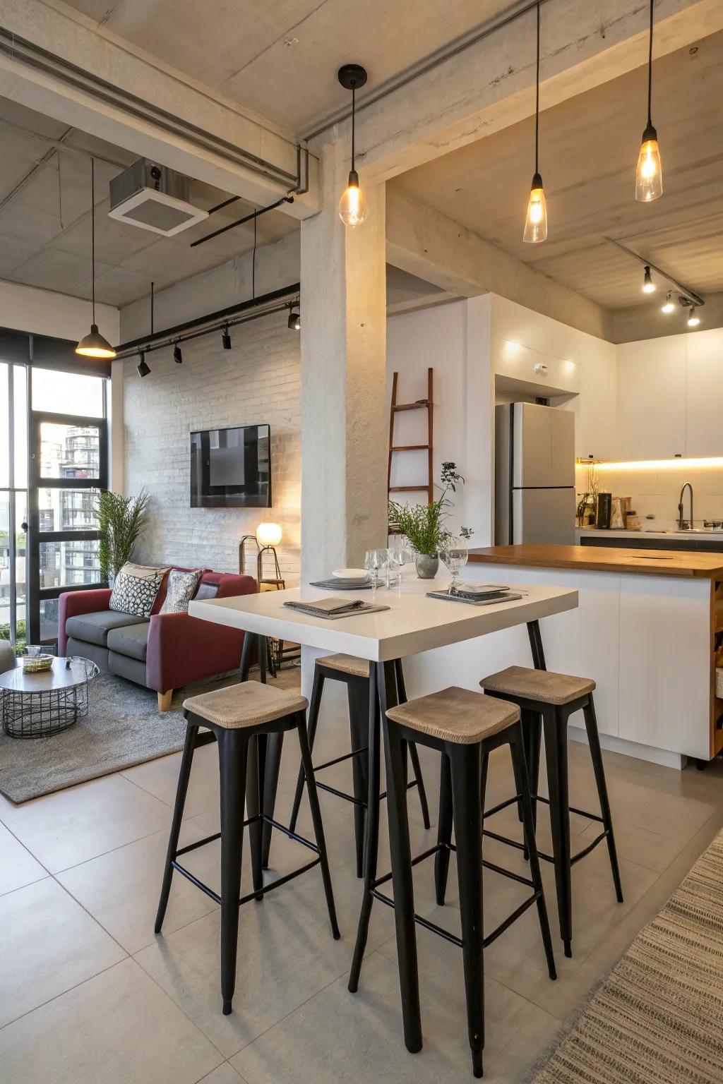 High-top tables give dining areas a casual, caf&eacute;-like vibe.