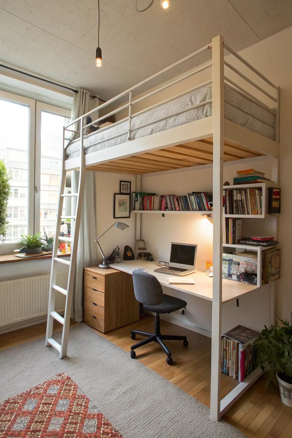 A loft bed maximizes vertical space in a studio.