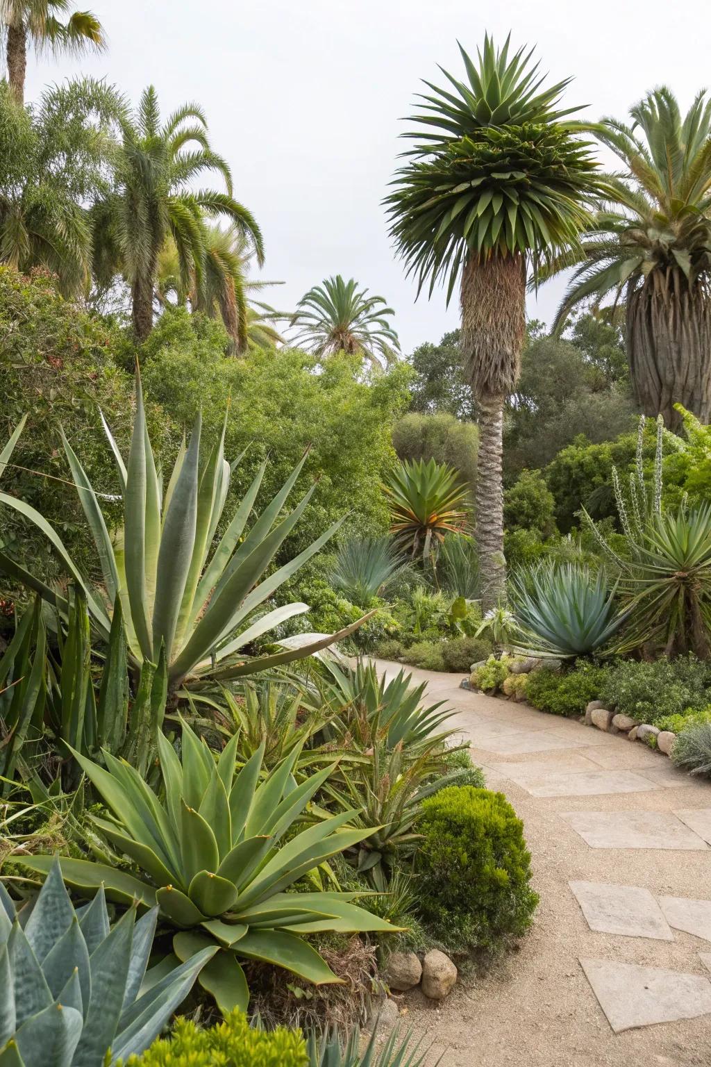 An exotic fusion of succulents and tropical plants within a lush garden setting.