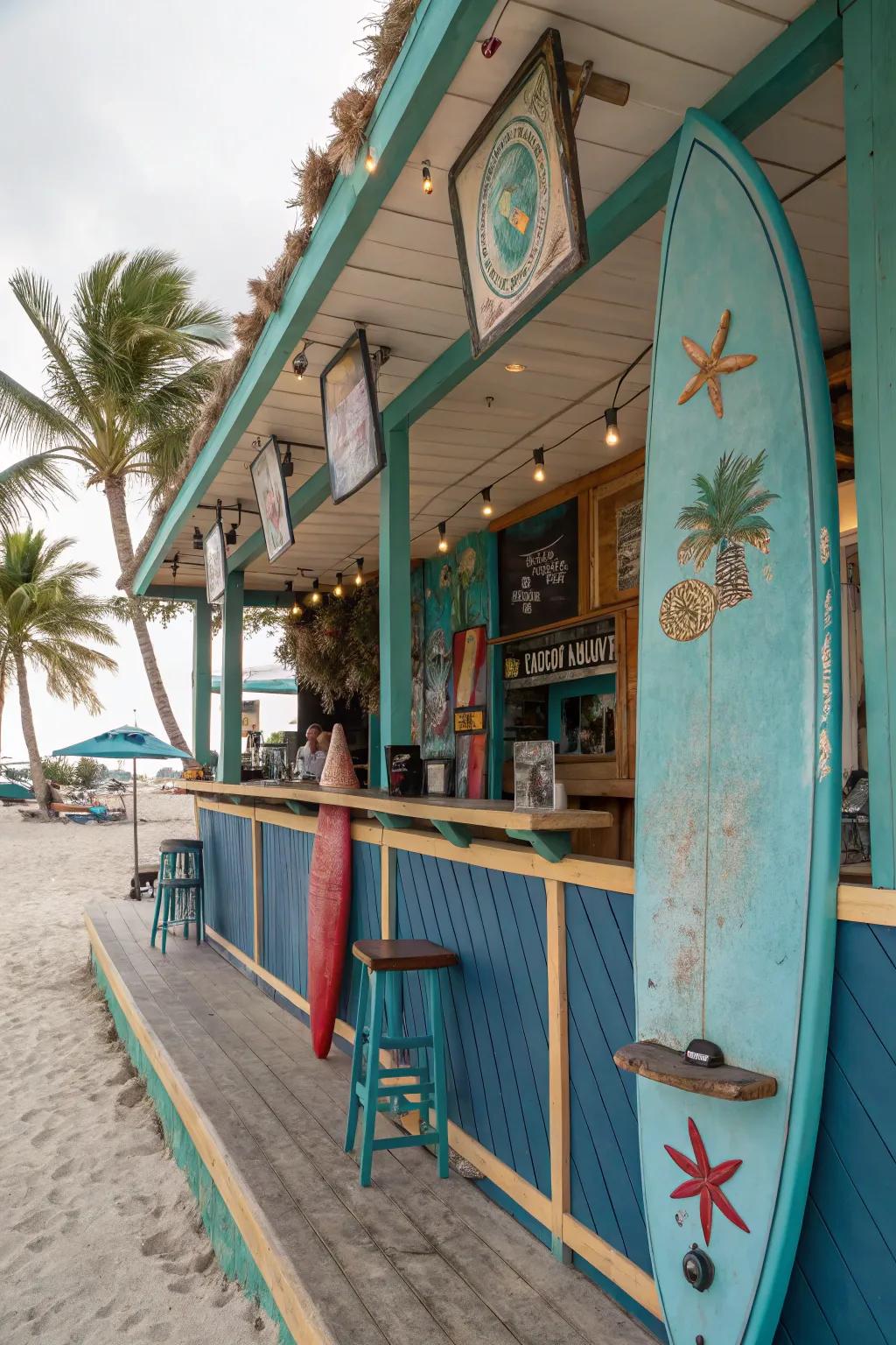 Coastal-themed decor brings the ocean vibe to this backyard bar.