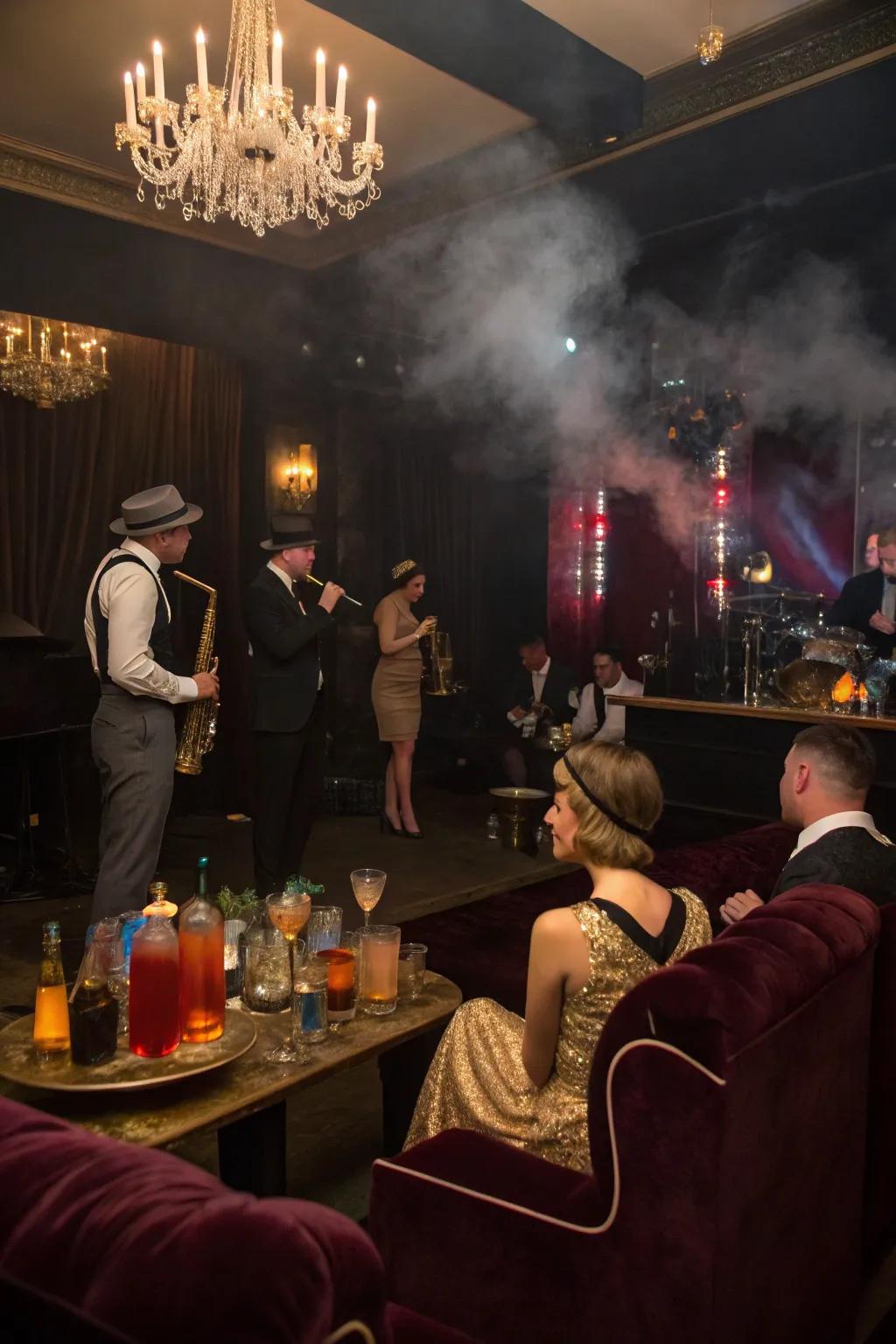 A glamorous Swing Era underground club celebration featuring vintage flair.