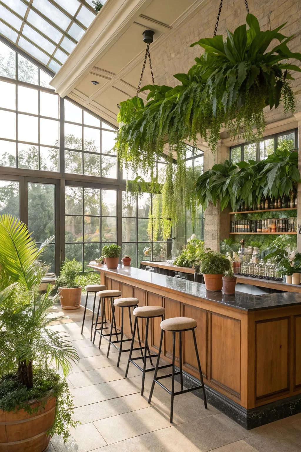 Indoor greenery brings life and freshness to your sunroom bar.