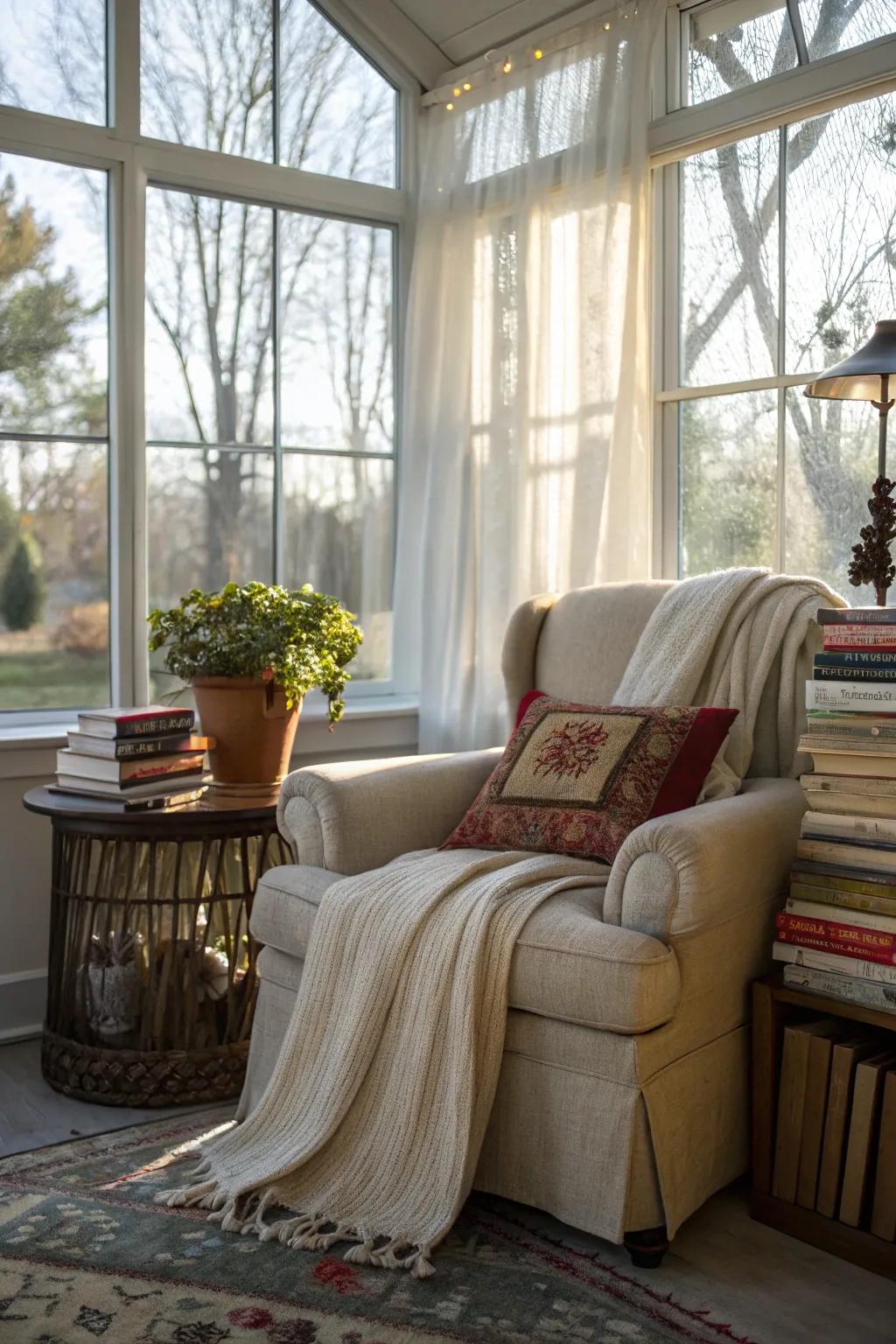 A reading space provides a peaceful hideaway in the sunroom.