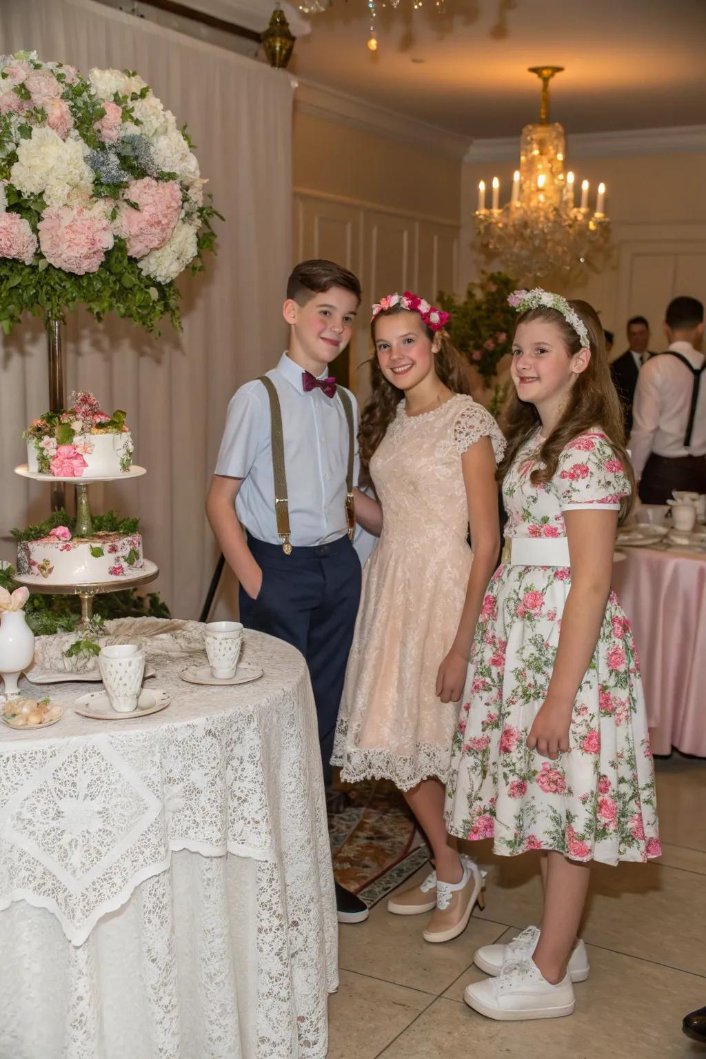 Youths in themed wardrobe at a sweet sixteen soiree.
