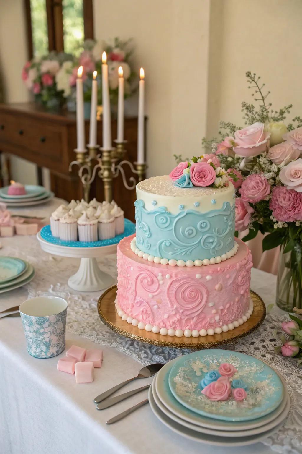A breathtaking gender reveal confection serves as the perfect table central component.