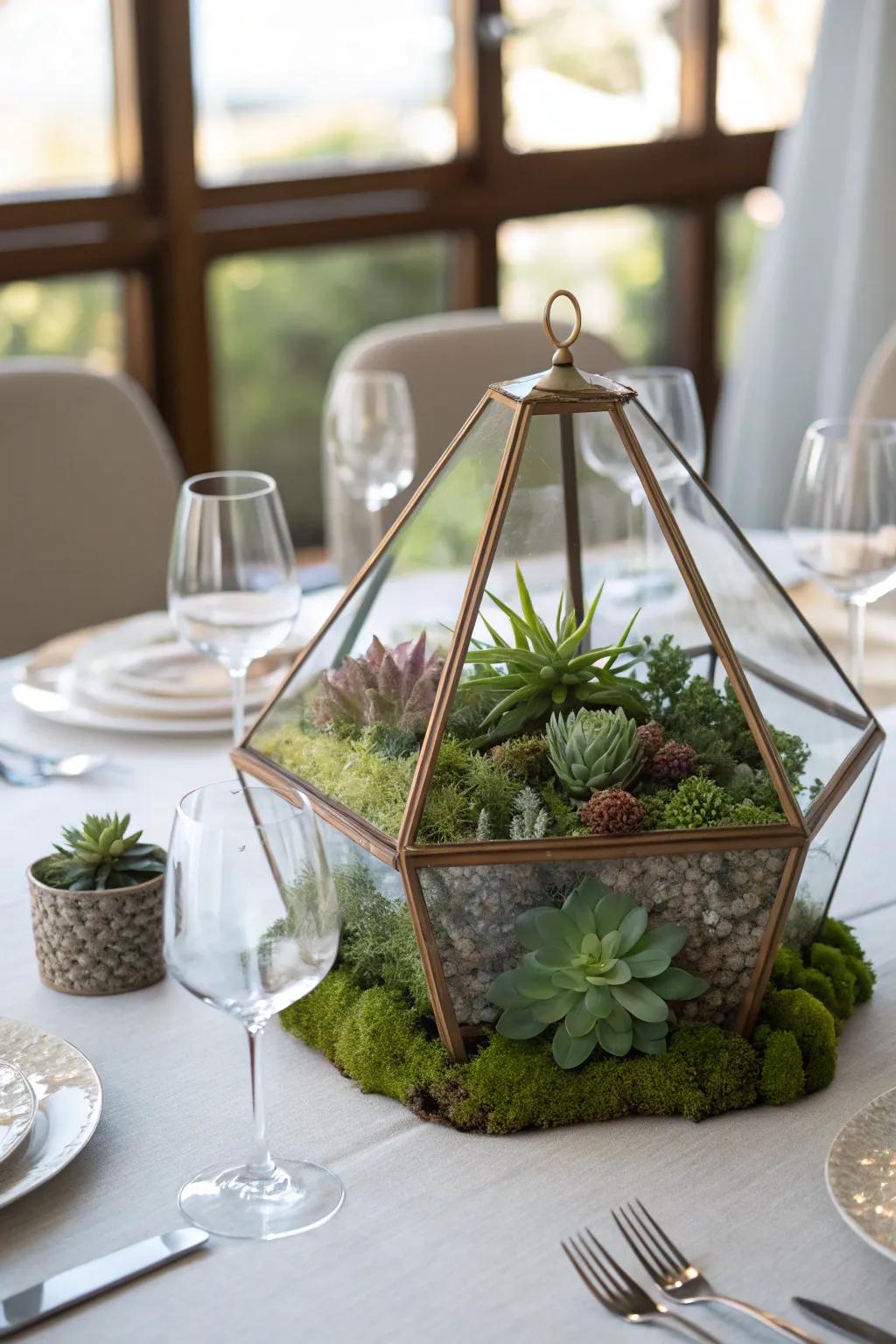 Unconventional focal points like terrariums add intrigue to the table.