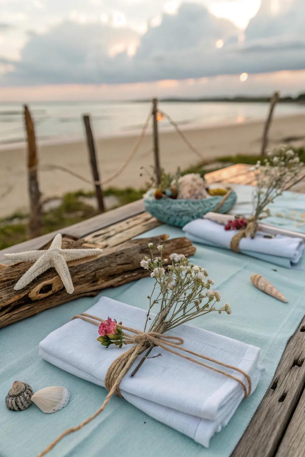 Coastal vibes featuring twine and floral decorations.