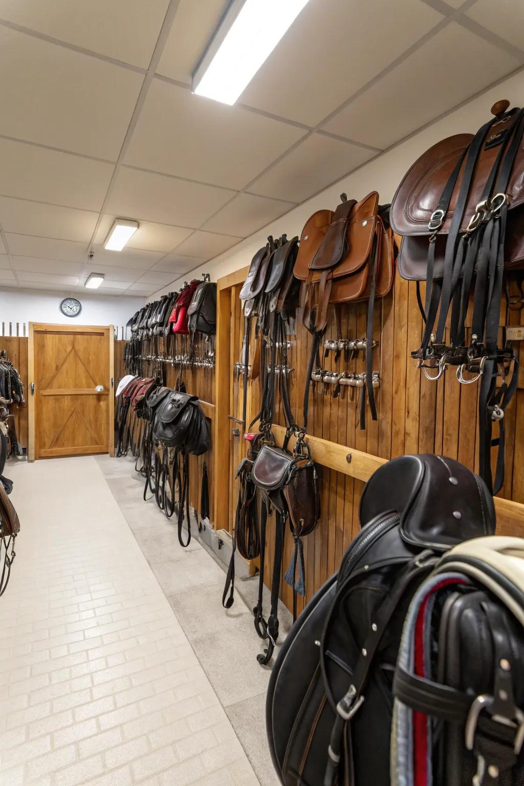 Equipment strategically placed for the best workflow in a tack room.