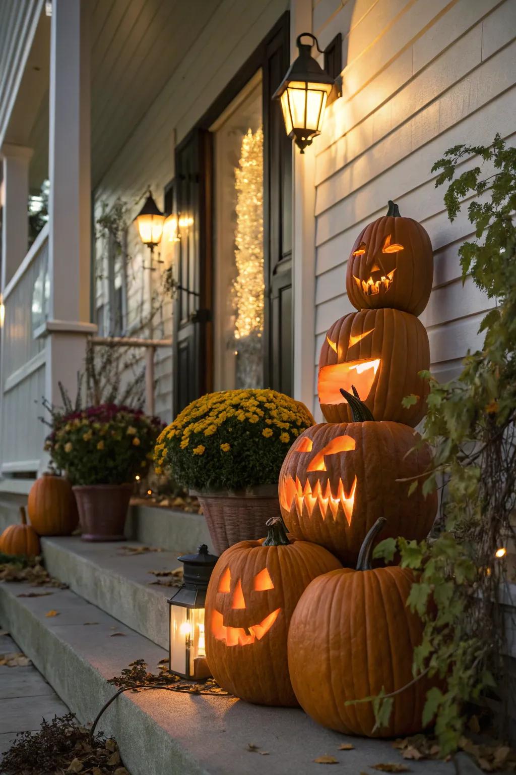 Construct a haunting atmosphere featuring an assembly of spectral faced pumpkins.