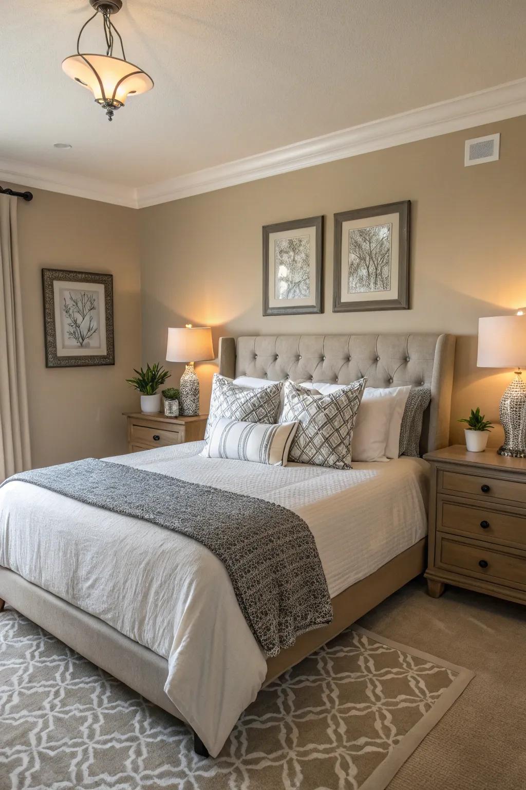 The tan bedroom is made better by subtle accent colors.