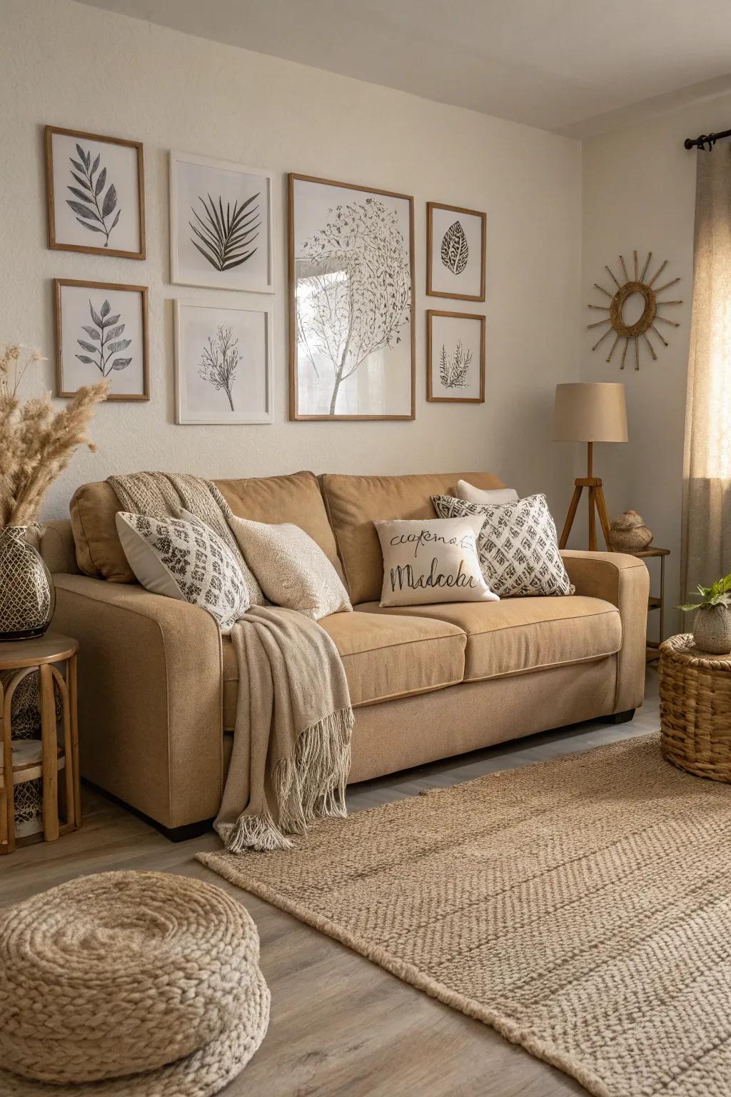 A monochromatic palette elevates the sophistication of a sand-toned sofa.