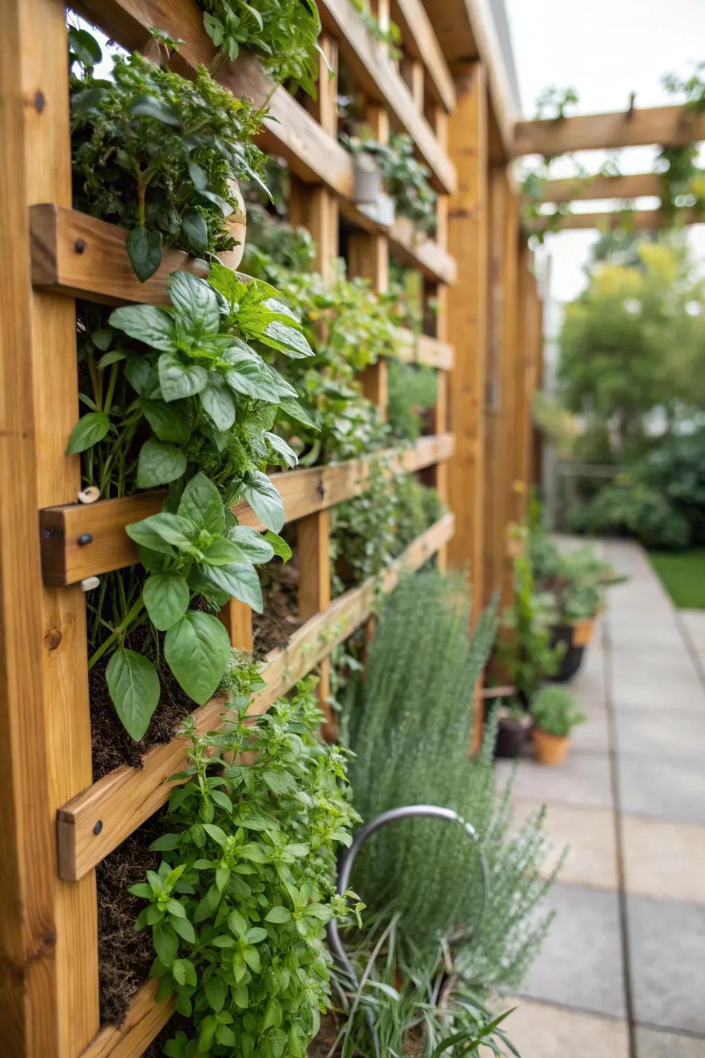 A vertical herb wall, transforming a basic wall into a tea-lover's paradise.