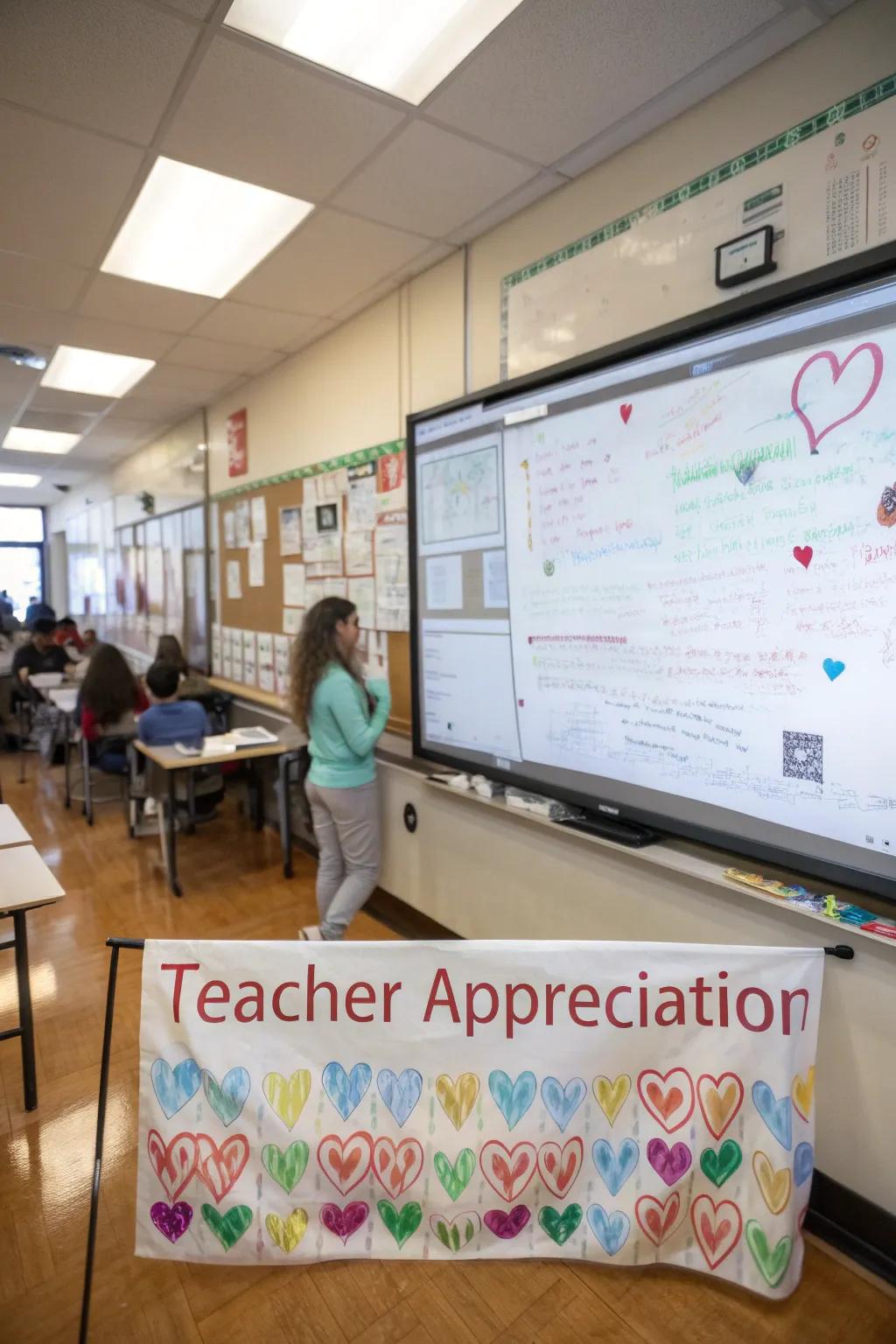 An interactive whiteboard banner filled with student messages.