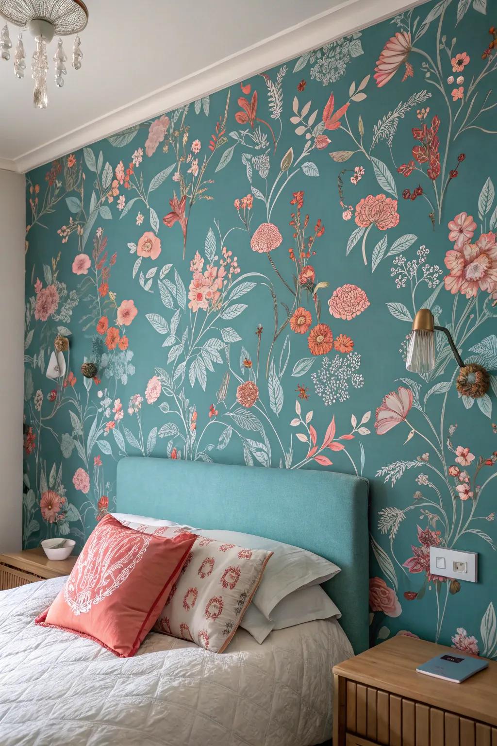 Teal and coral floral wall covering enriching the space.