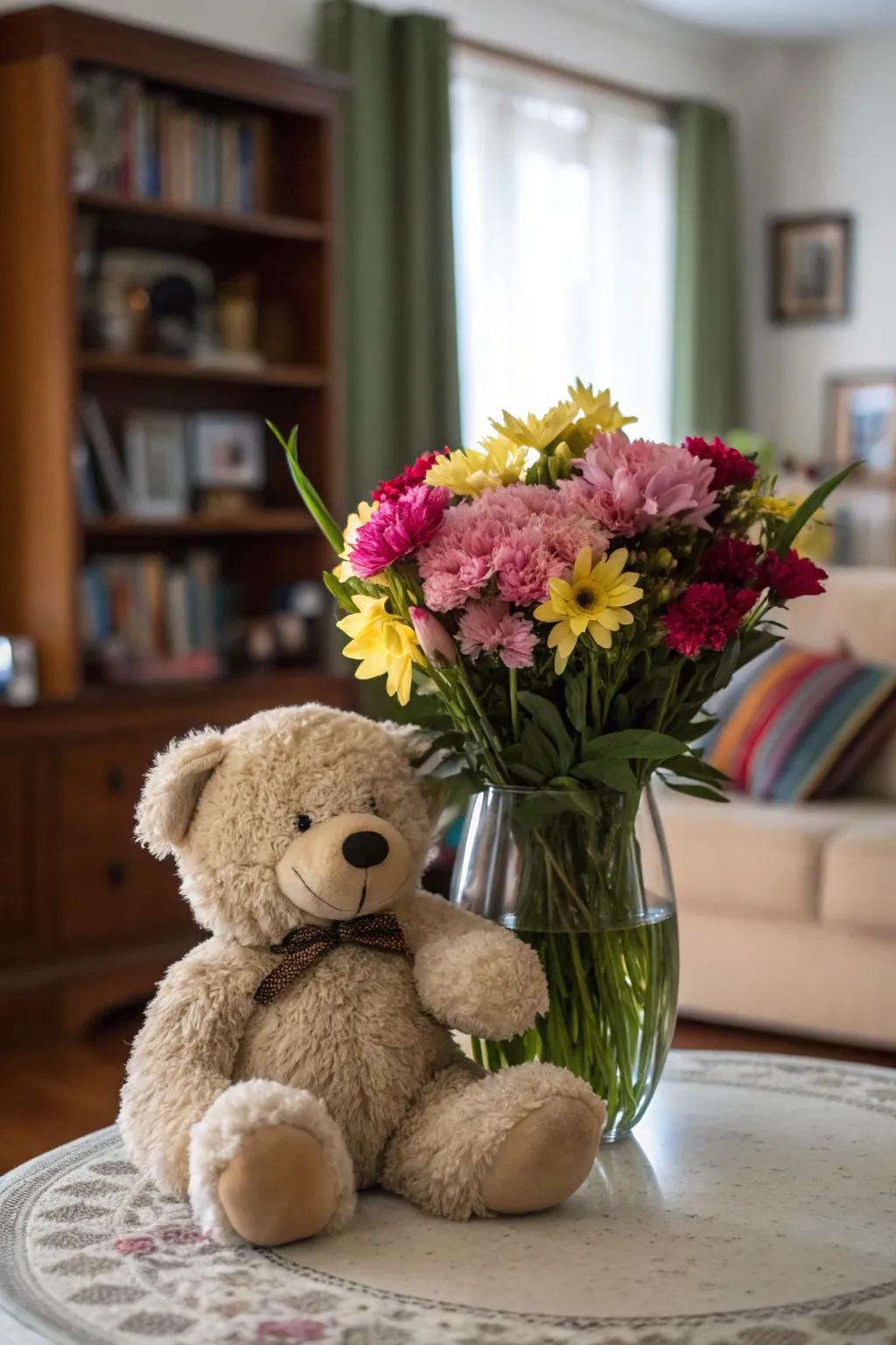 A charming centerpiece featuring a cuddle toy and a bloom vase.