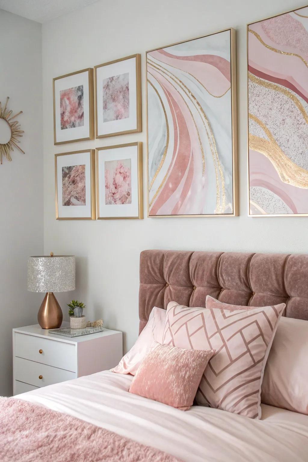 Rose gold wall art contributes a personal and graceful touch.