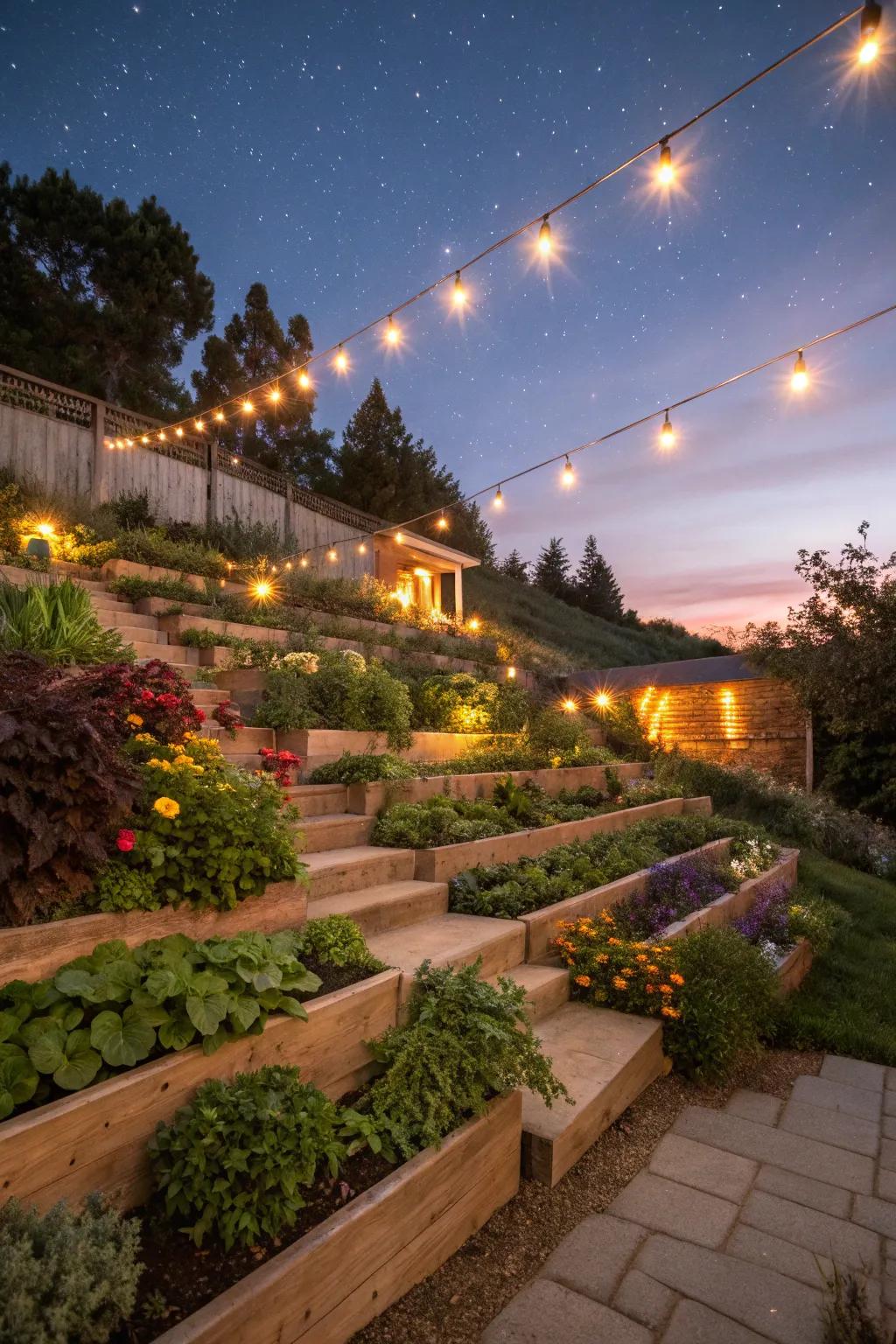 Thoughtful lighting in a terraced garden, enhancing evening ambiance and safety.