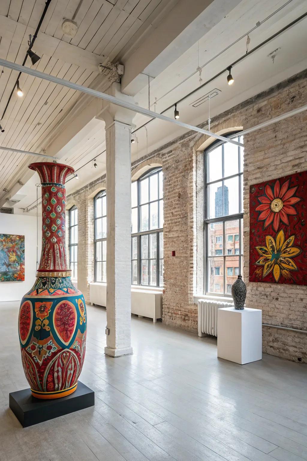 This chic metropolitan loft features a captivating 3D piece of textured art with an interactive design.