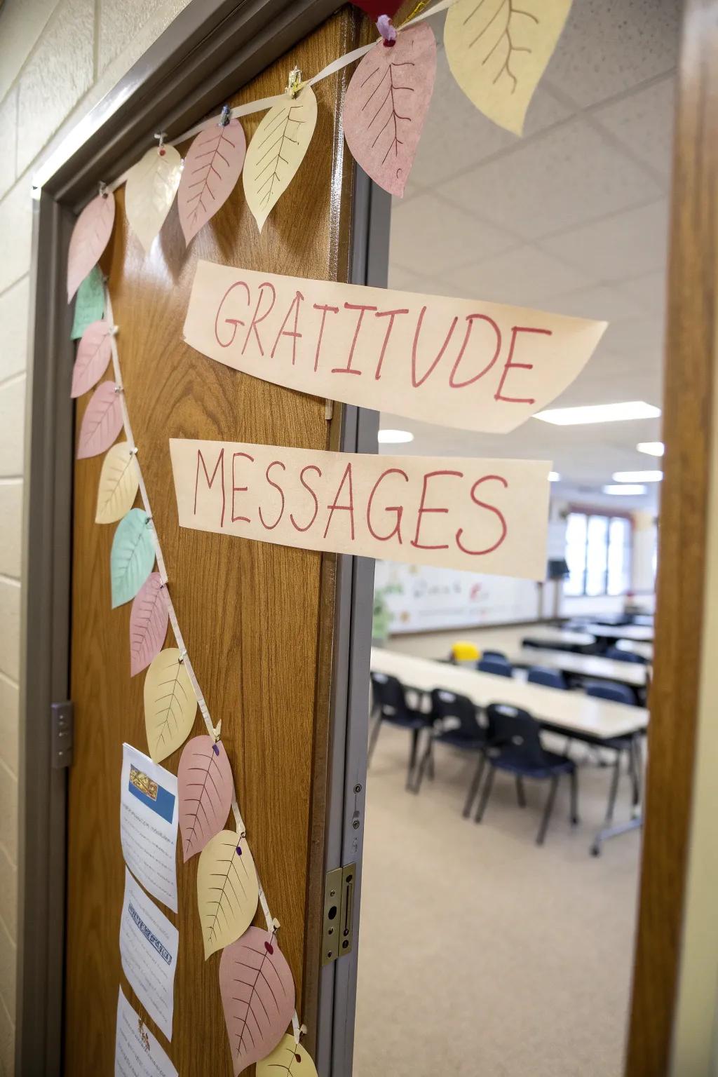 A gratitude garland design listing students' thankful thoughts.