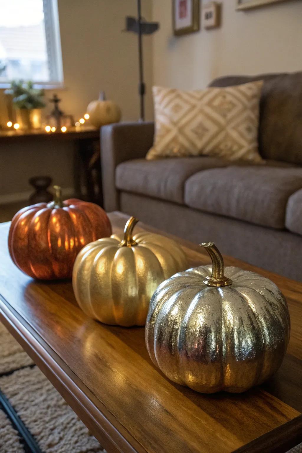 Chic shiny painted pumpkins creating a modern aesthetic.