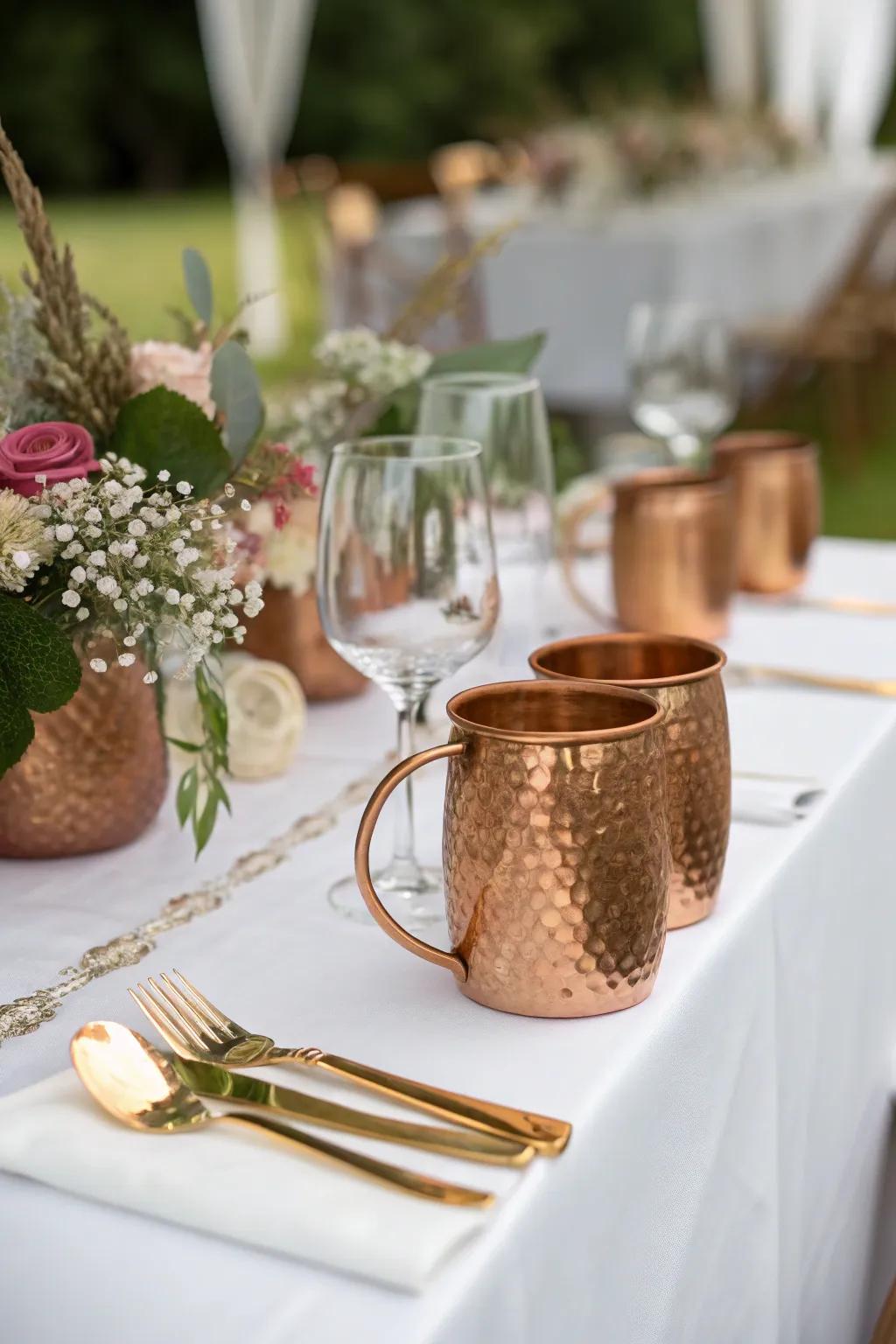 Shiny metallic elements give the table a festive air.