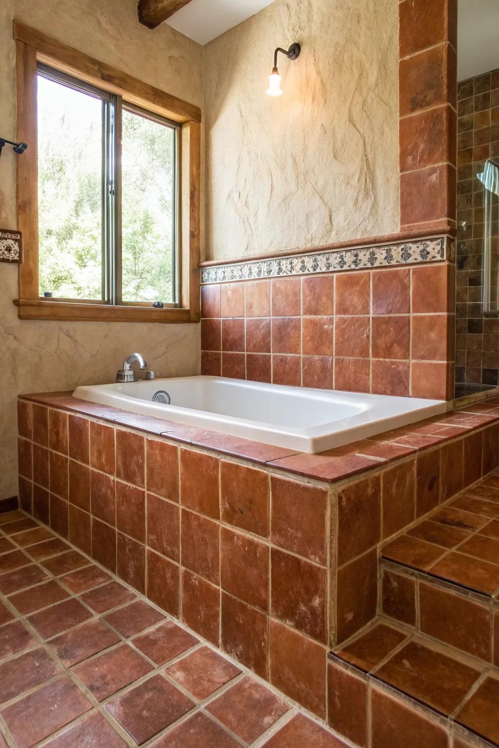 Embrace the rustic warmth of terracotta tiles for a cozy, inviting bathroom retreat. #ScandinavianMinimalism #BohoCharm