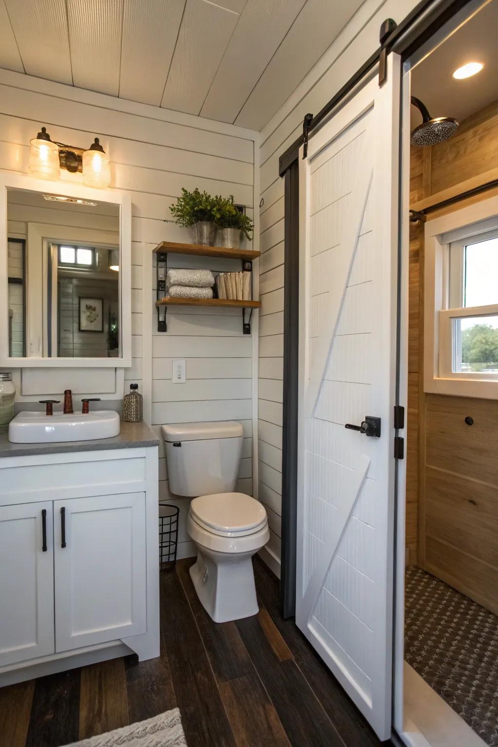 Pocket doors make the most of the available space in this small bathroom.