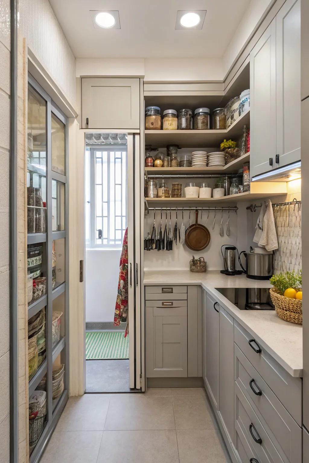 Vertical storage maximizes area and heightens the perception within a small kitchen.