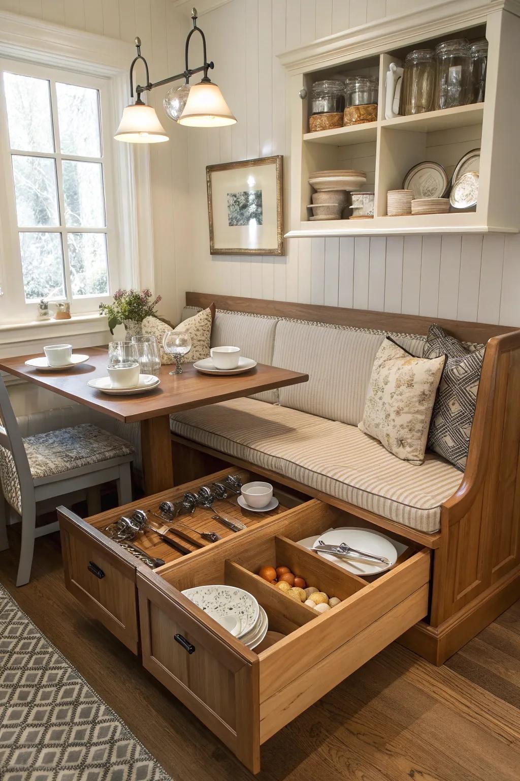 Bench seating with hidden storage enhancing a small house