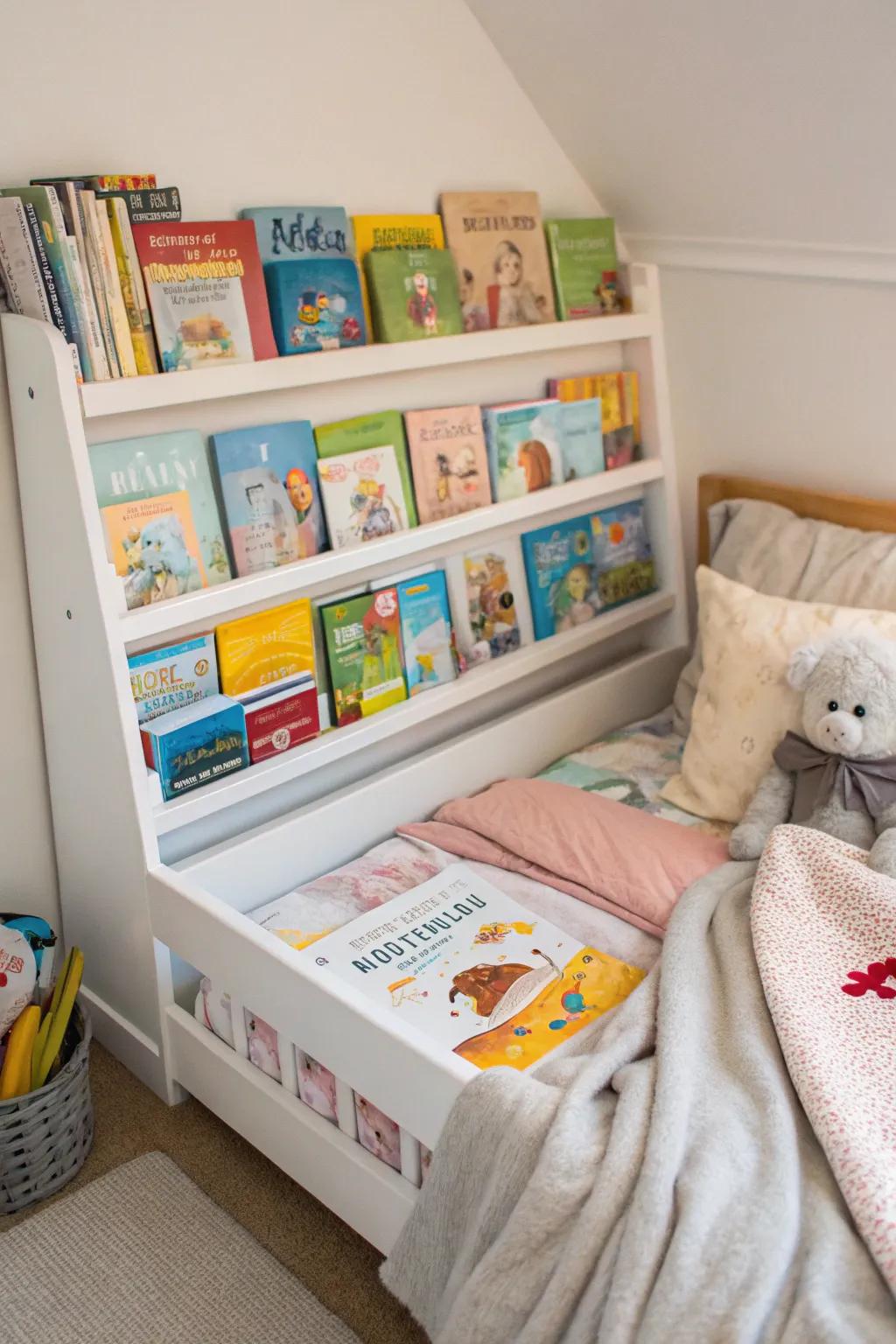 A bed with a built-in bookshelf for young book lovers.