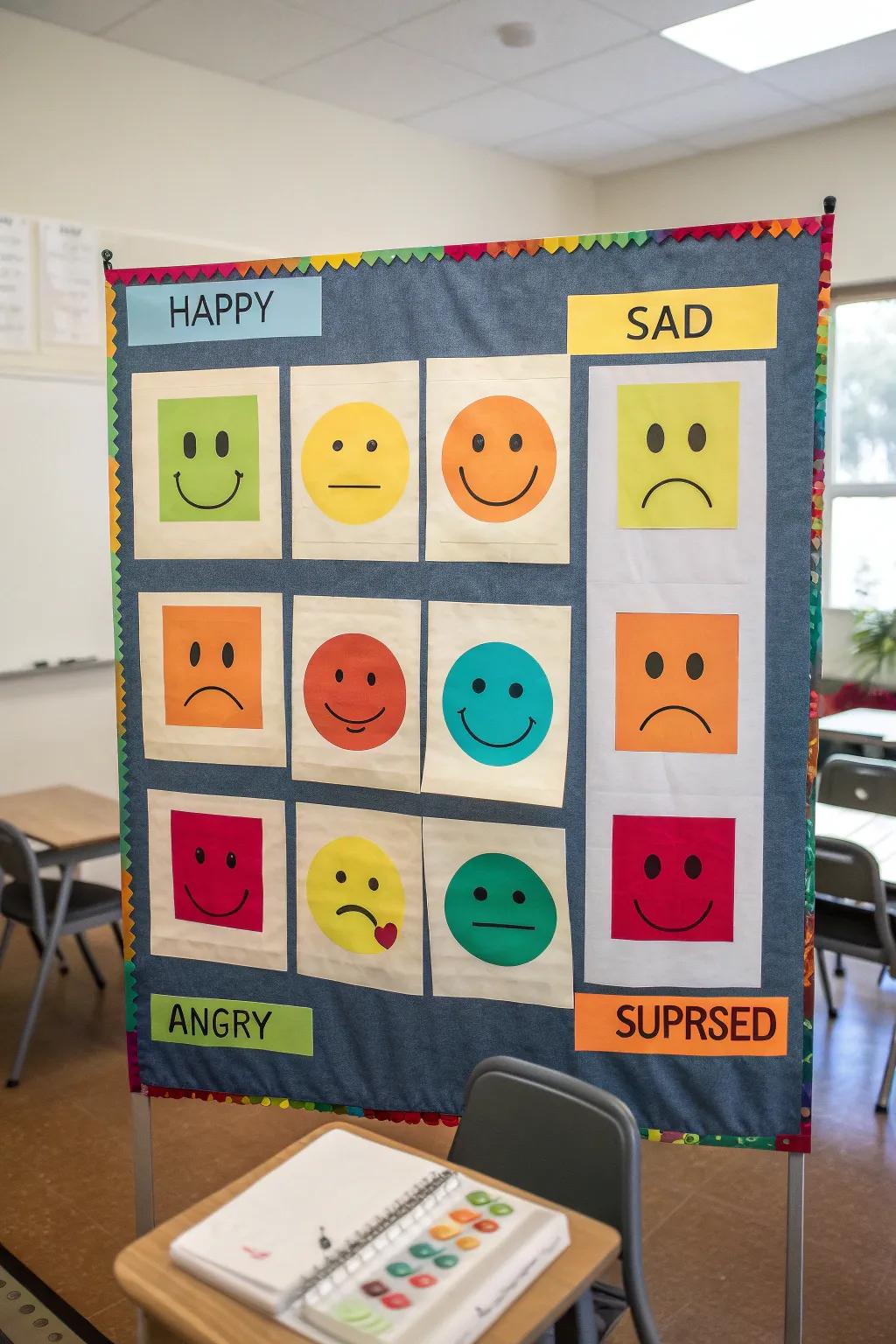 An emotions-based display featuring colorful facial expressions and emotion-related words.