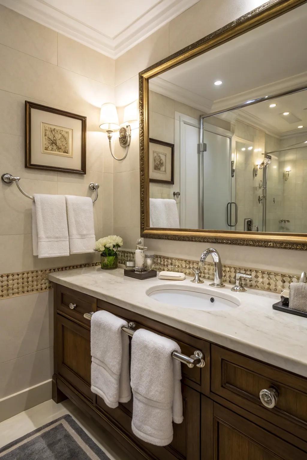 Practical elegance with accessories inside a washroom.