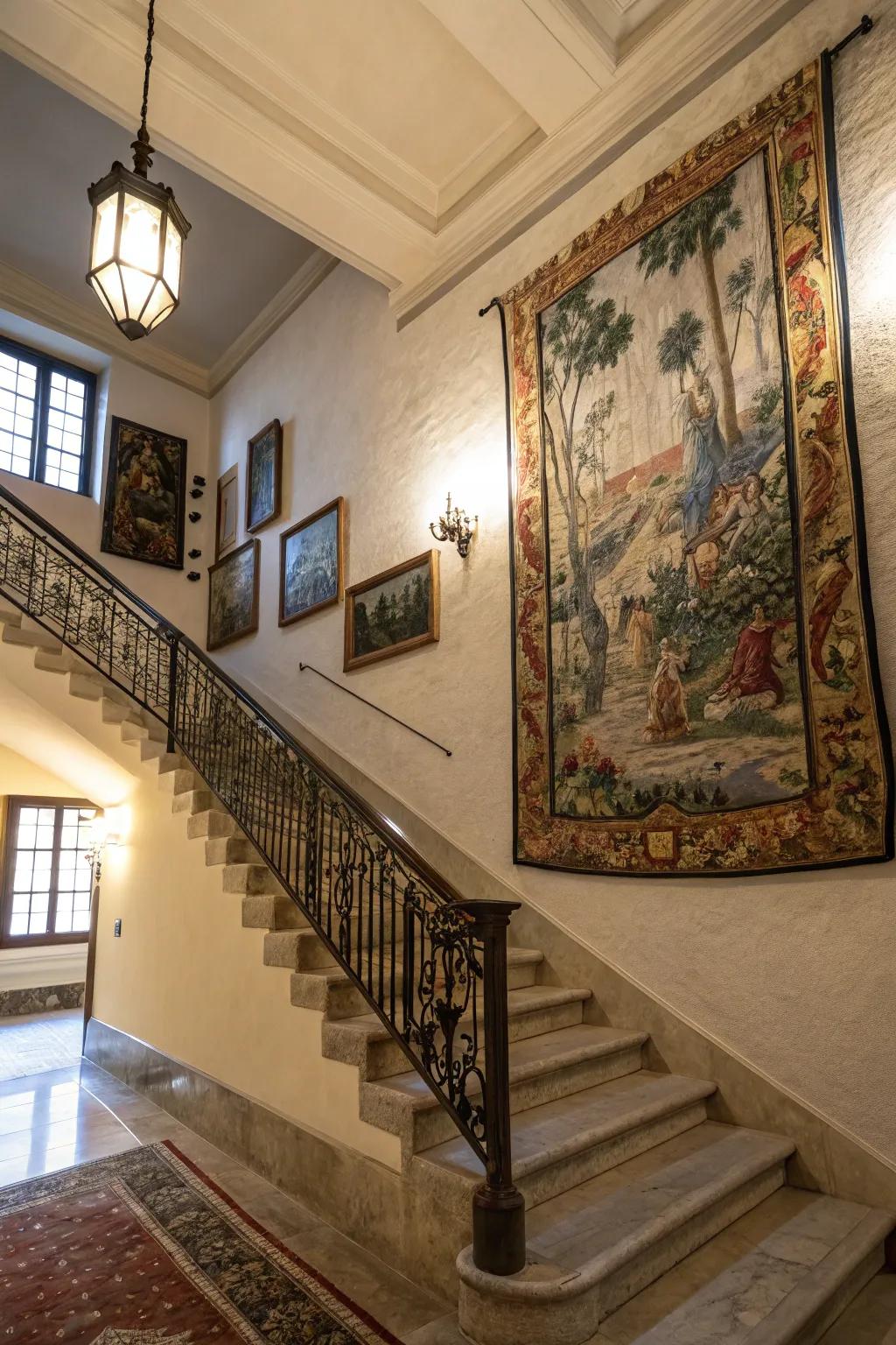 Weavings add depth and visual interest near stair tops.