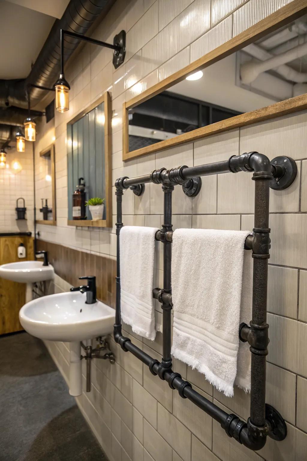 Industrial pipes add a rugged charm to solutions for hanging towels.