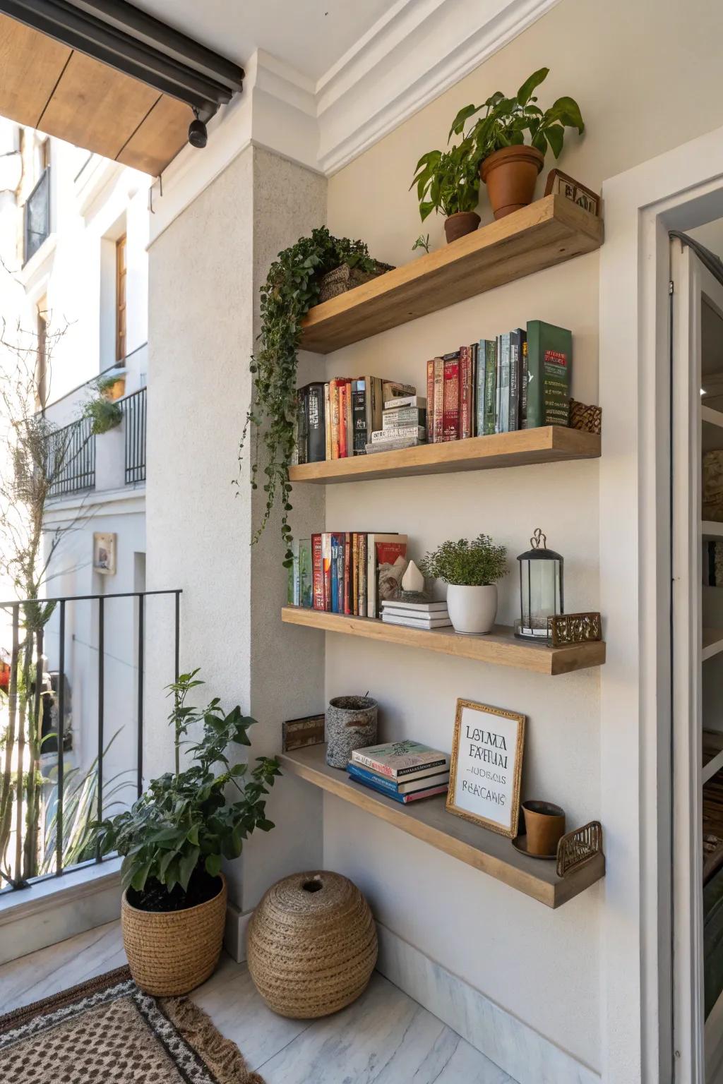 Wall-mounted shelves displaying books and decorative items