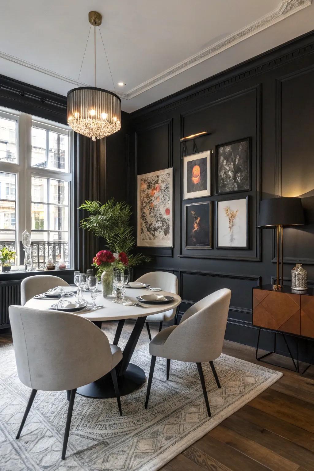 A townhouse dining space featuring daring black walls for a modern edge.