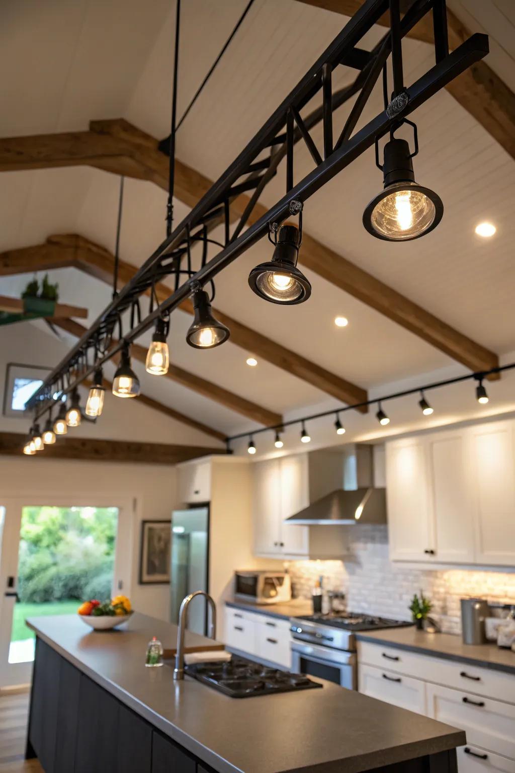 Track illumination accentuating architectural features in a kitchen