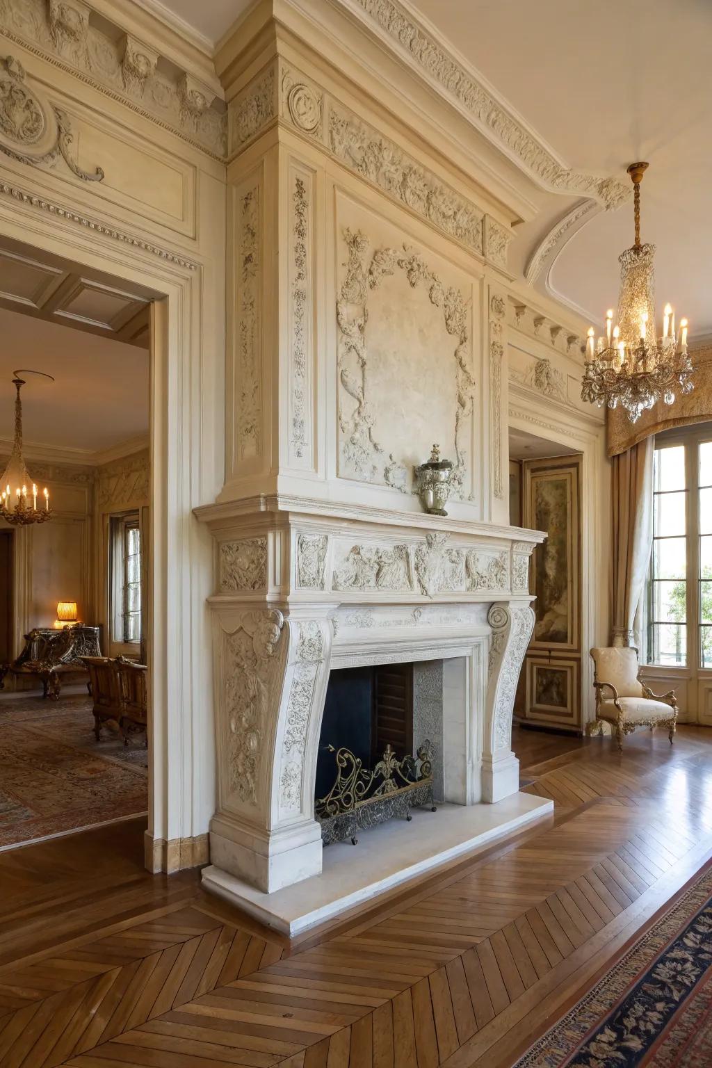 A handcarved granite fire surround exudes elegance.