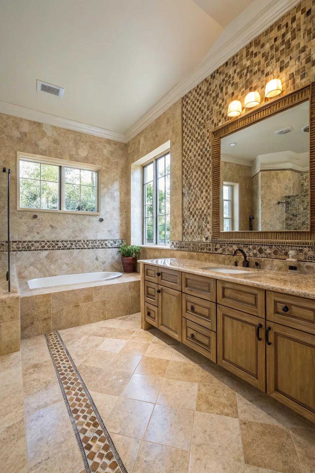 A travertine bathroom displaying a stunning mosaic tile feature partition.