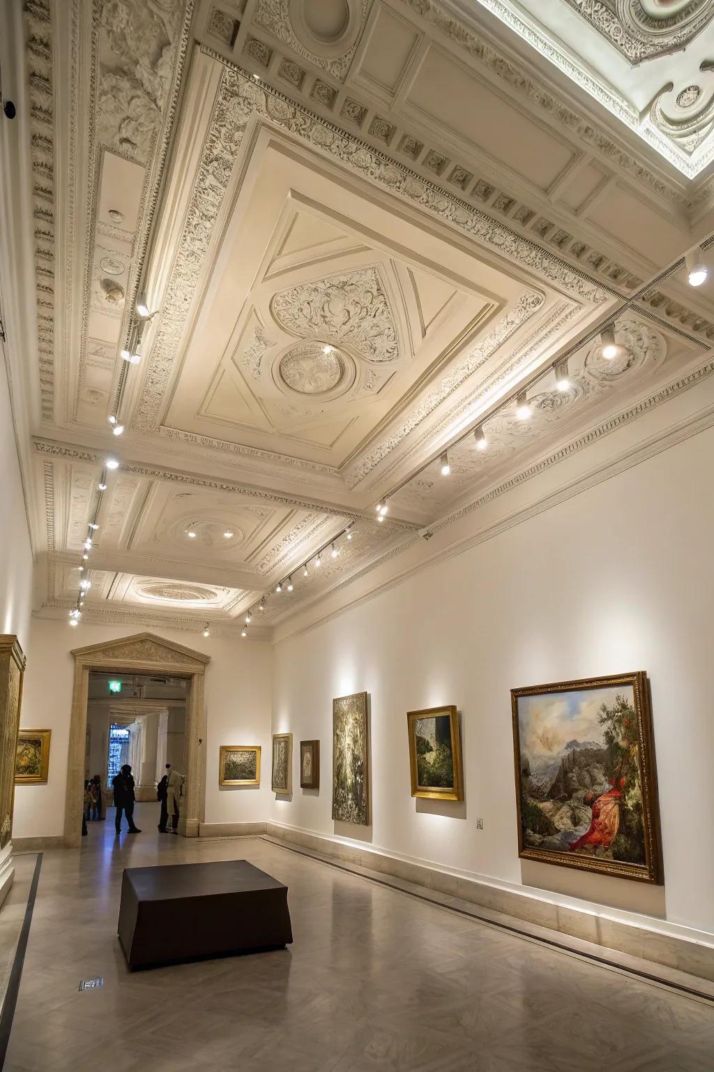 A gallery-style room features artistic wall washers in the tray ceiling.