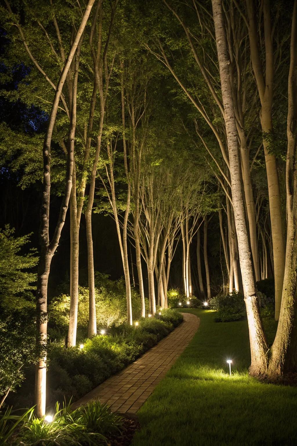 Beams gracefully accentuate slender tree trunks.