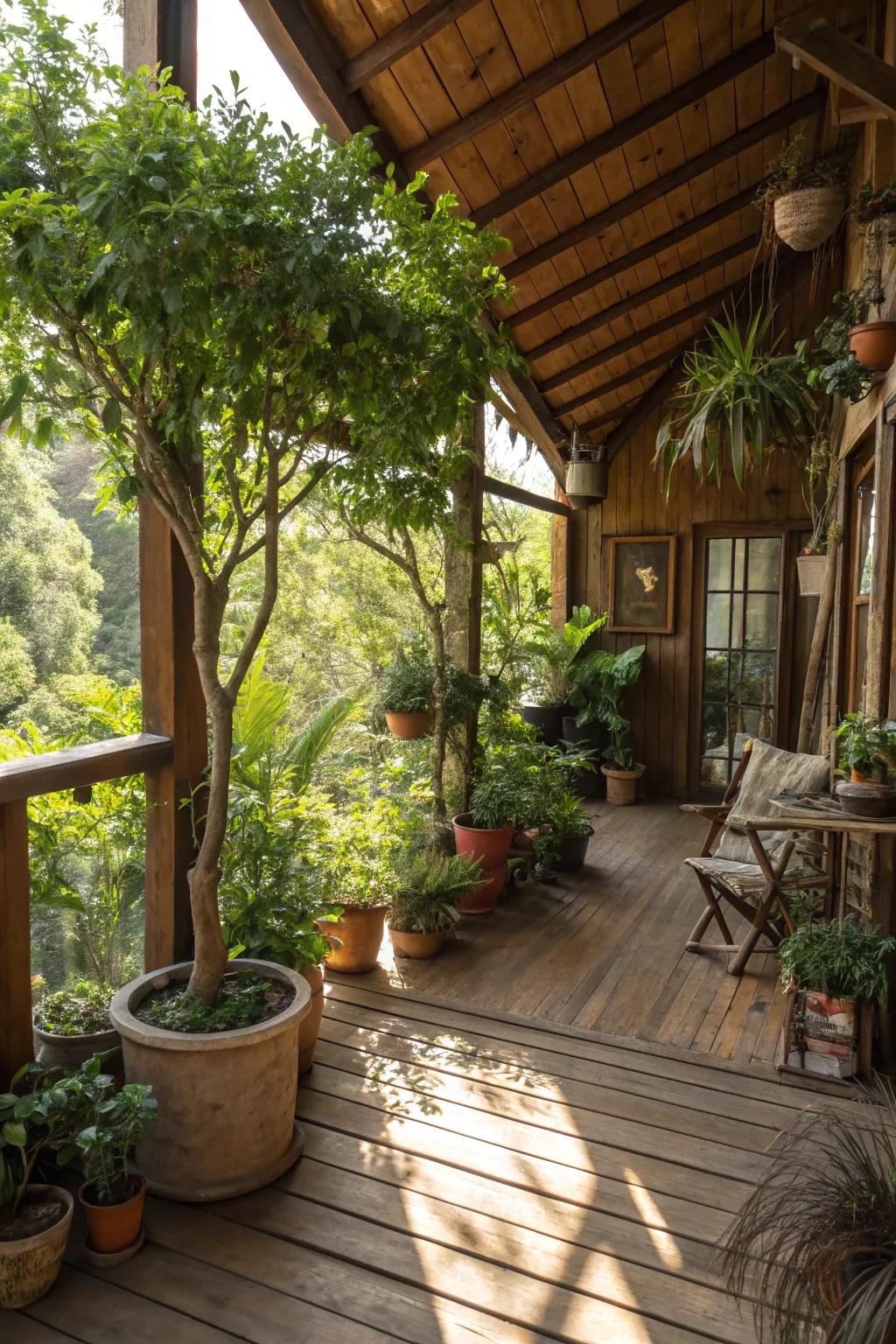A hint of nature inside a treehouse, with potted vegetation and small trees improving the interior.