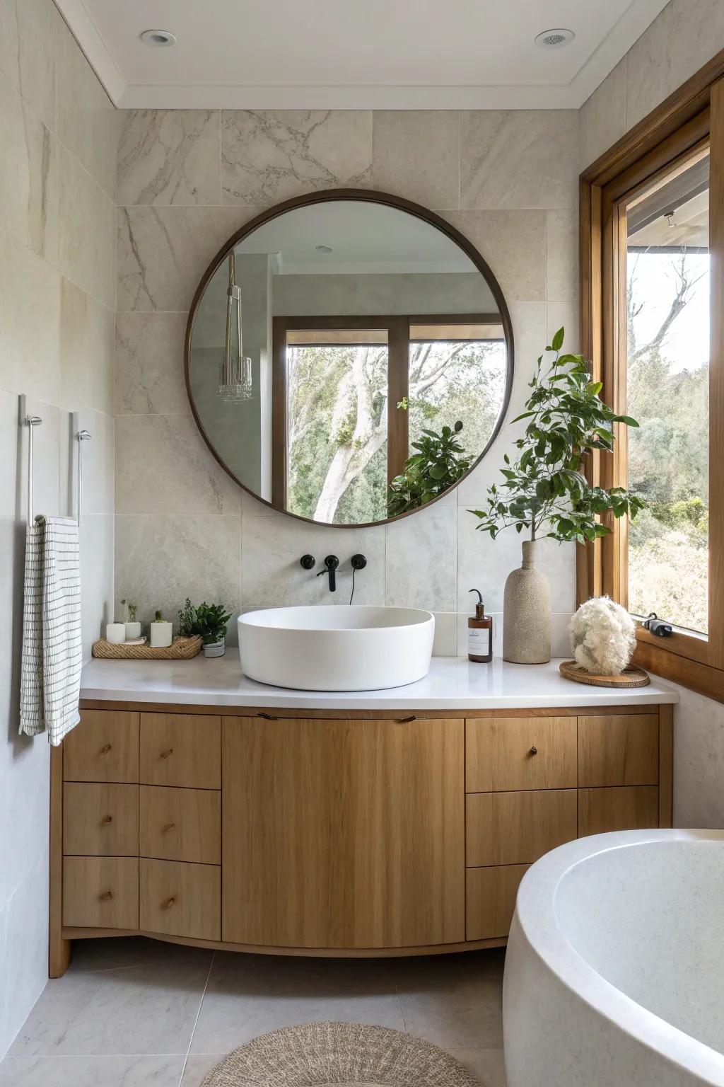 A modern bathroom showcasing a round vanity for a gentle and welcoming aesthetic.
