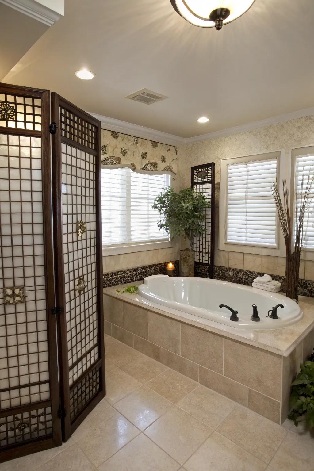 A secluded bath surround hideaway featuring elegant privacy screens.