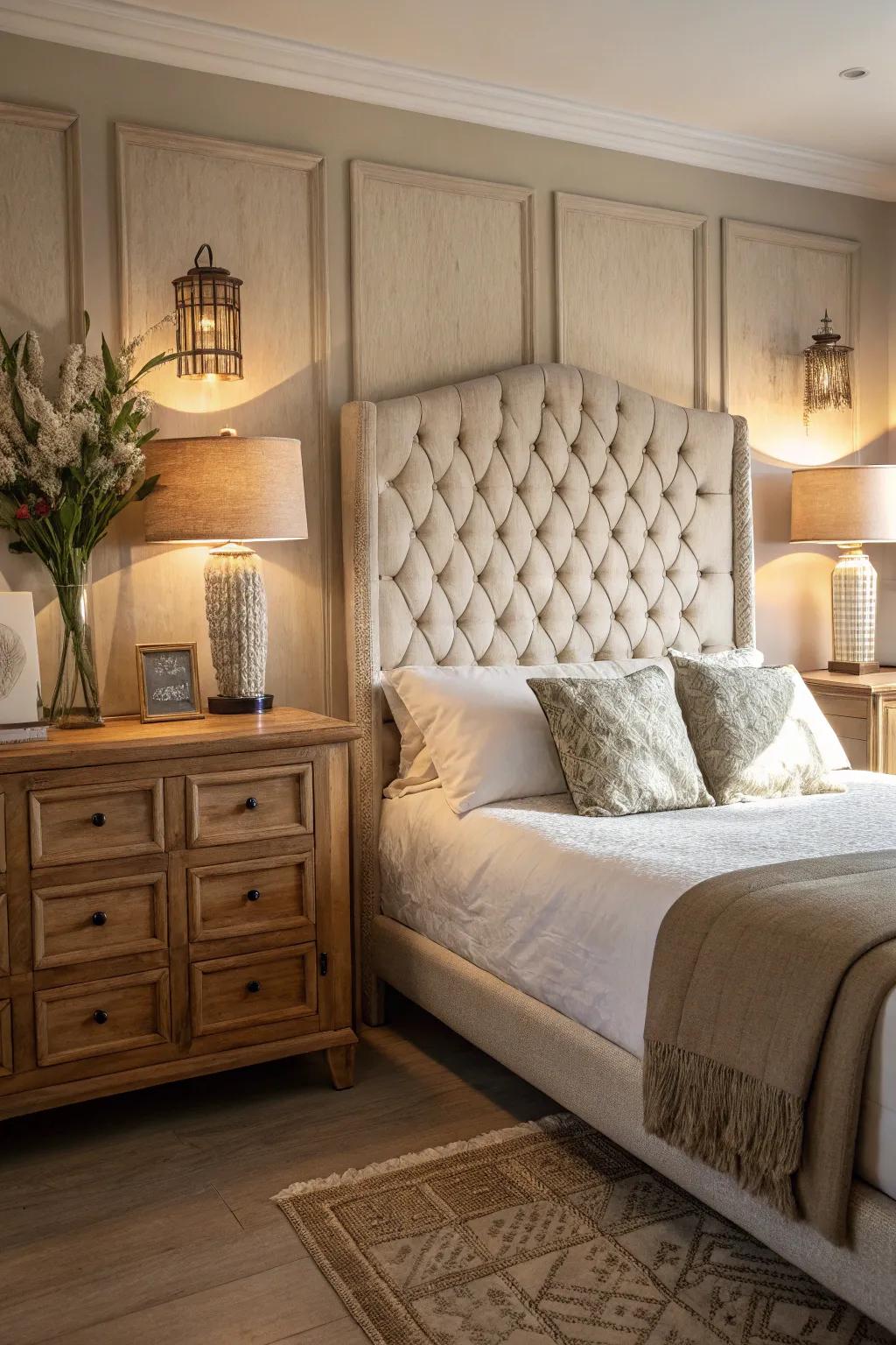 A cozy bedroom featuring a linen tufted headboard.