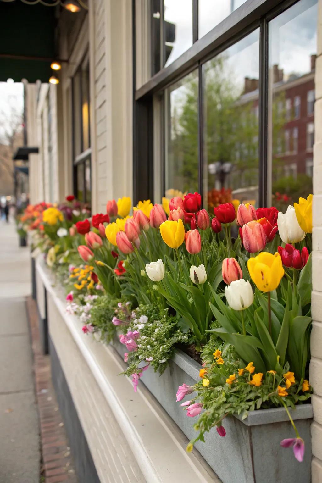 A window box brimming with colorful tulips, creating a cheerful view.