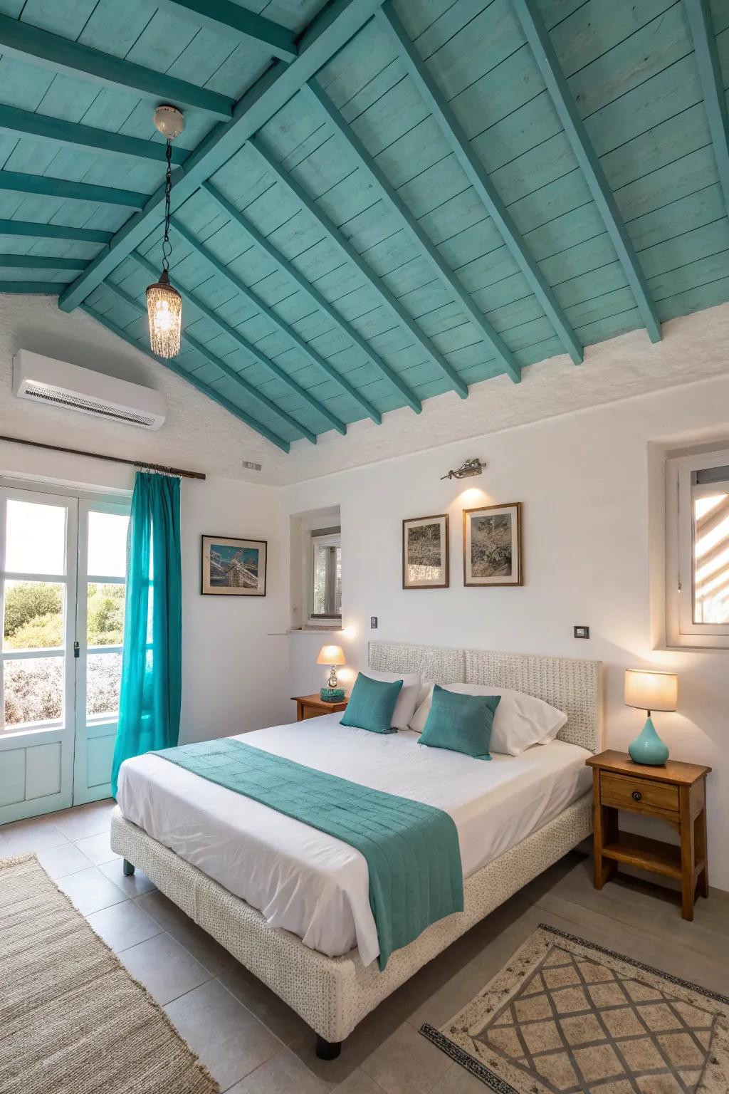 A turquoise ceiling adds a surprising and delightful element to this bedroom.