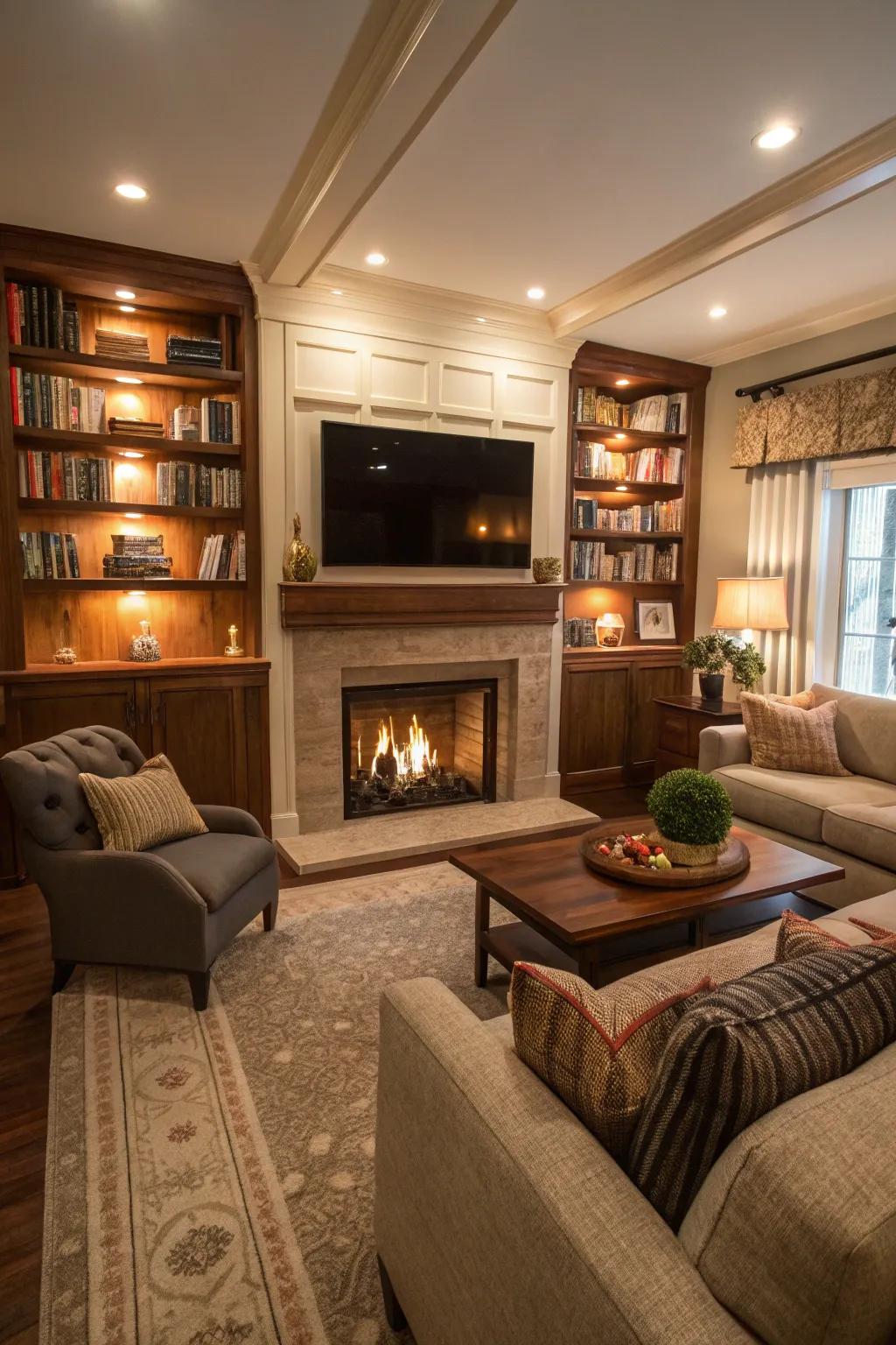 A fireplace provides warmth and serves as a focal point in any TV room.