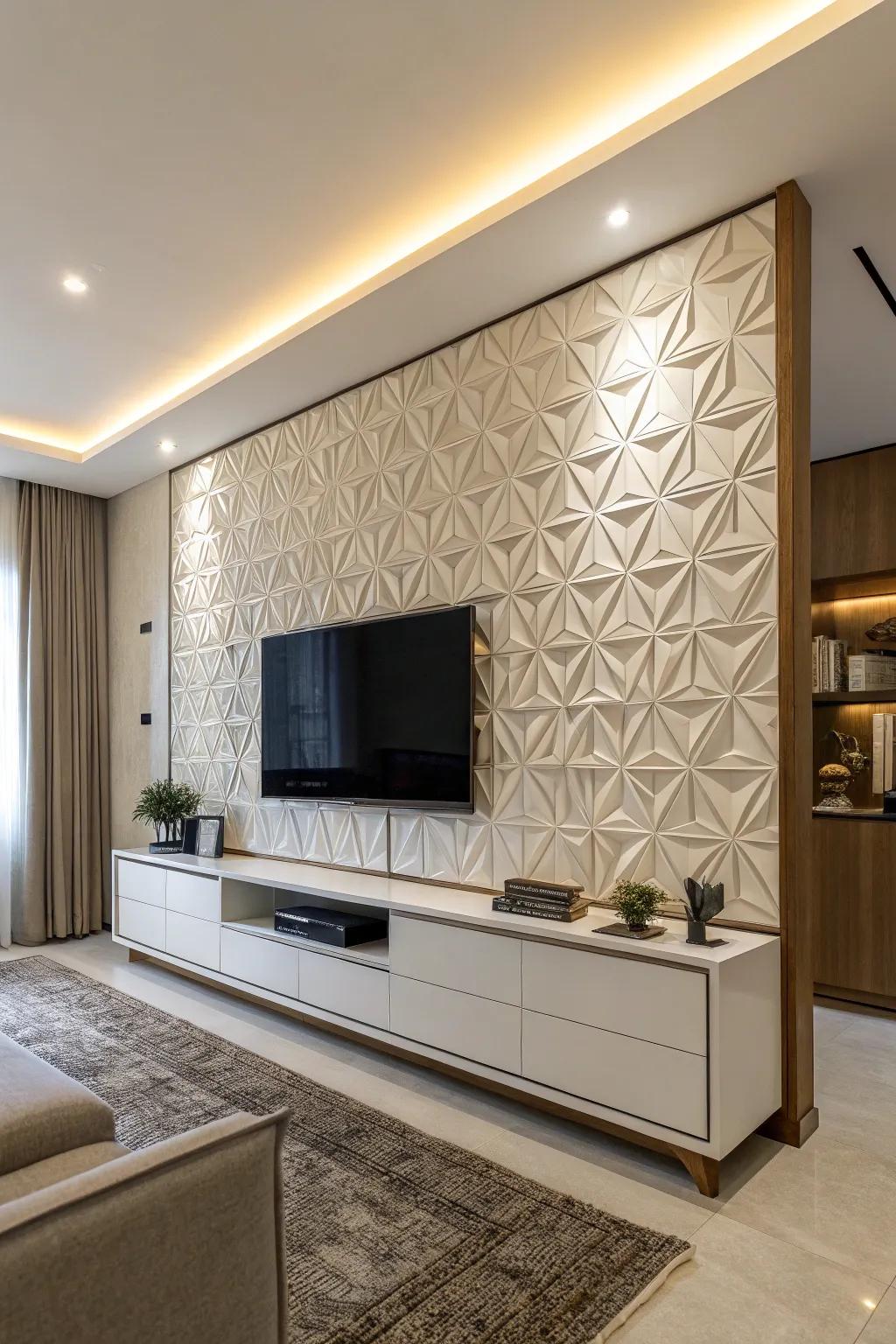Repeating shapes add a modern edge to this TV wall design.