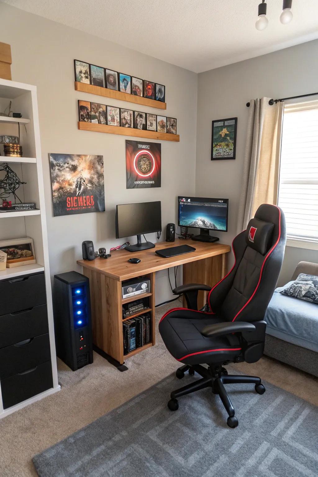 A dedicated gaming zone in a tween boy's bedroom.